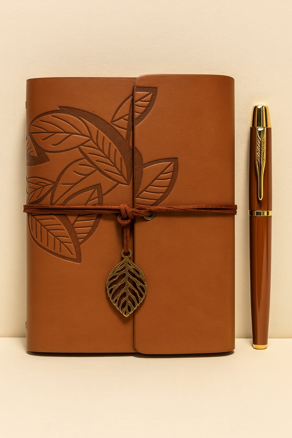 Deri Yaprak Desenli Defter & Tükenmez Kalem