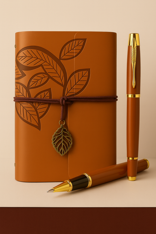 Deri Yaprak Desenli Defter & Tükenmez Kalem