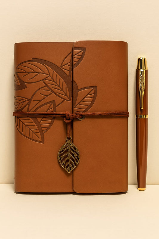 Deri Yaprak Desenli Defter & Tükenmez Kalem