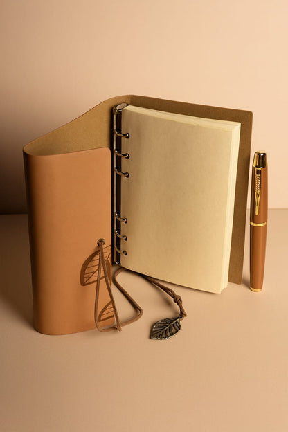 Deri Yaprak Desenli Defter & Tükenmez Kalem